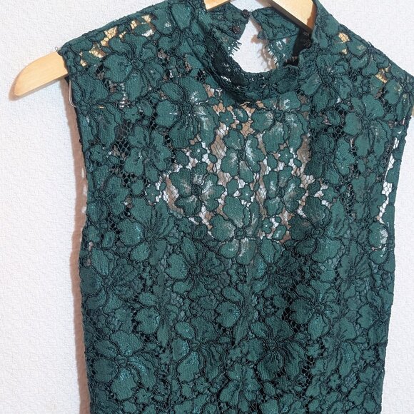 Sandro Paris Dress Green Lace Sz XS High Neck Scalloped Mini Open Back - Picture 8 of 11
